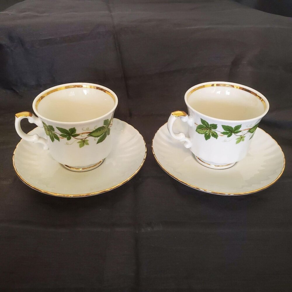 2 Winterling Bavaria Demitasse Cups Saucers Green Ivy Gold Trim Germany Vintage - Picture 2 of 8